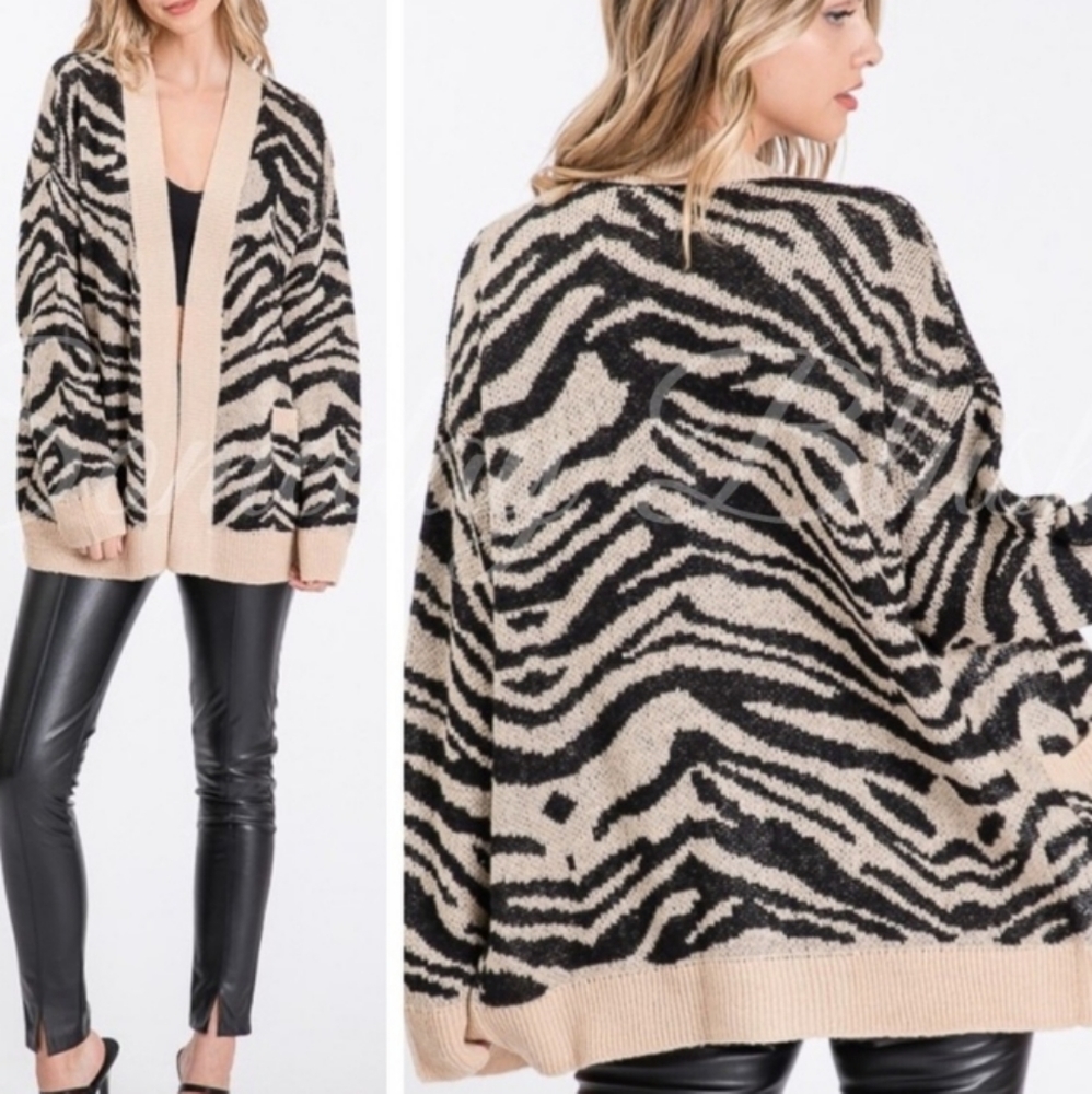 NWT Zebra Print Open Cardigan Sweater In Black / Taupe Size Small Medium
